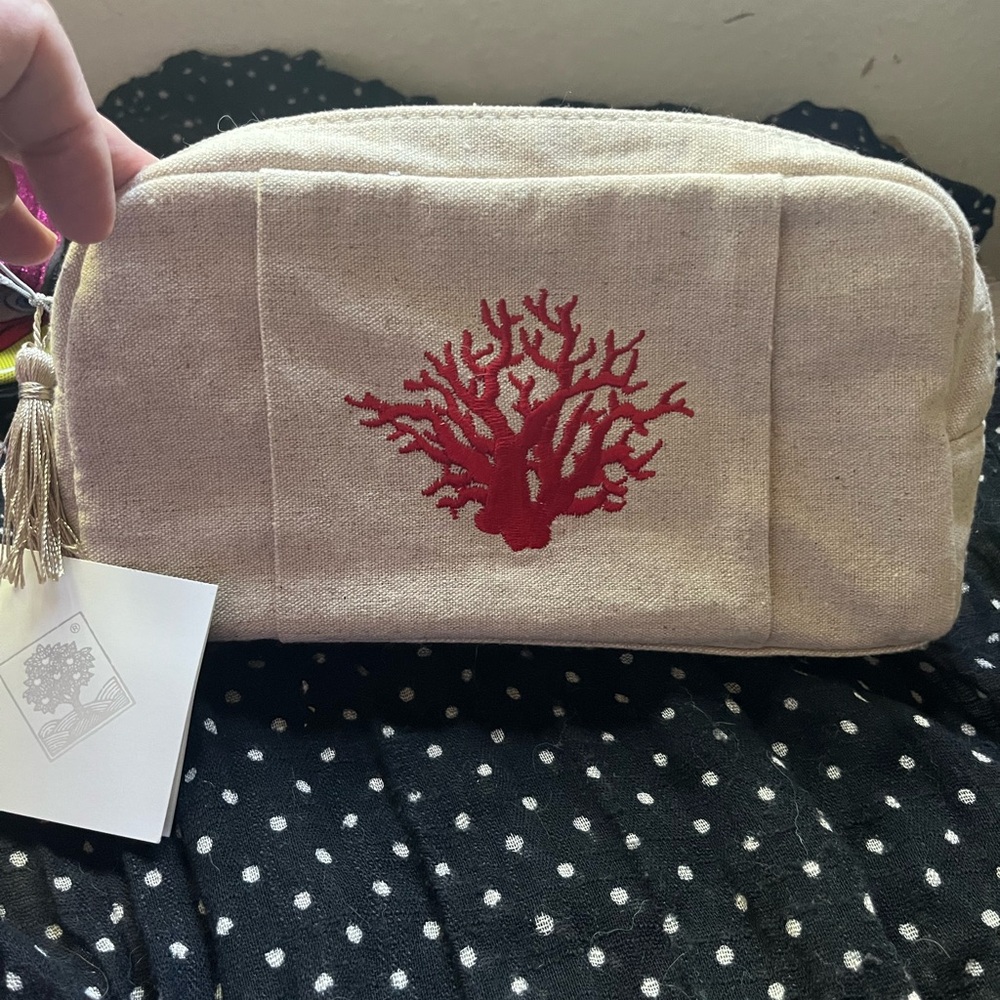 Crabtree & Evelyn Linen Cosmetic Bag with Red Coral Embroidery